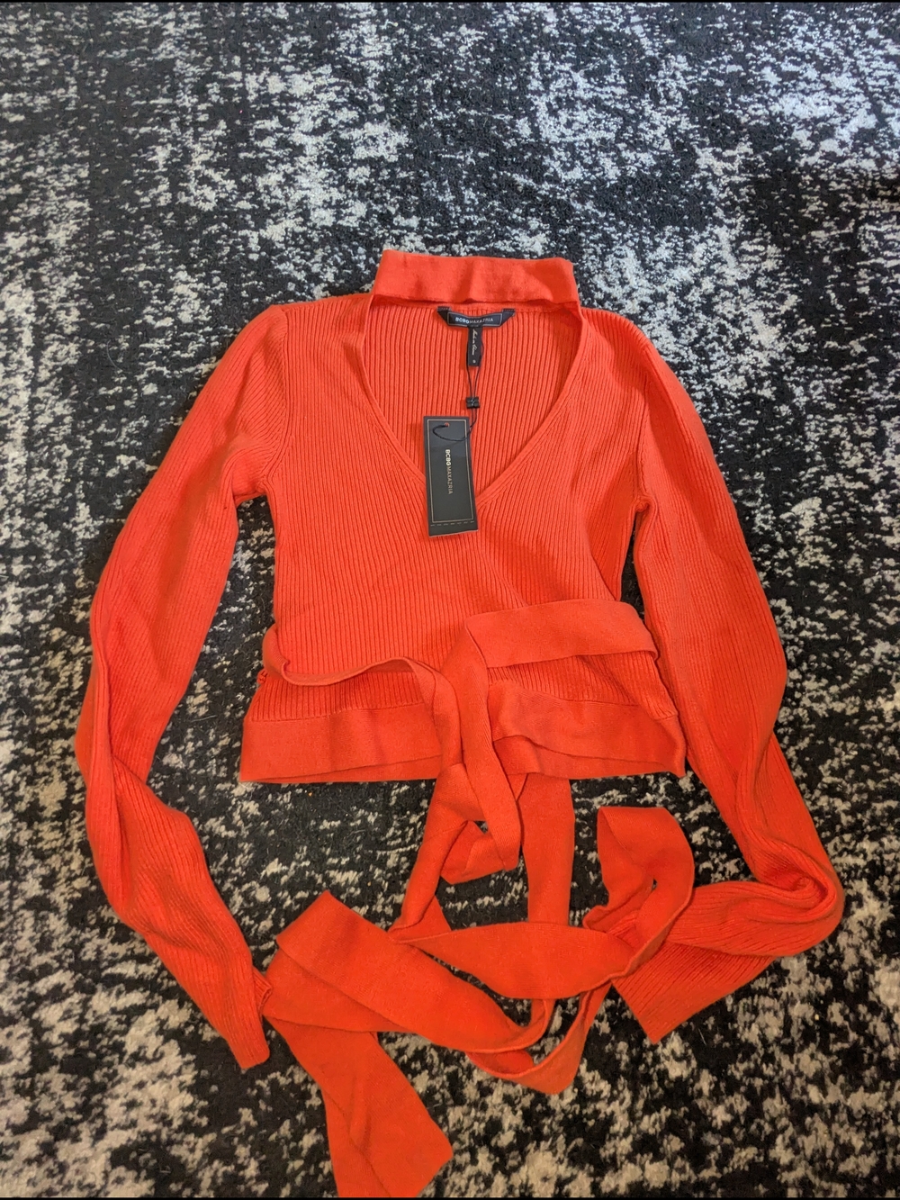 BCBG V-Neck Ribbed Tie-Waist Sweater Top - Orange